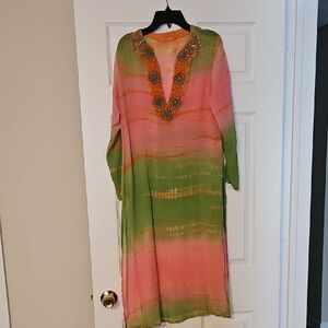 Elegant Pink and Green Beaded Swim Coverup